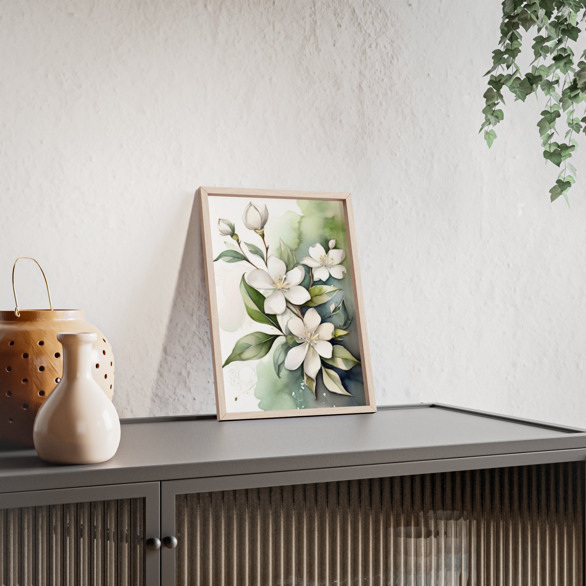 Jasmine Blooms — Watercolor Botanical Wall Art, Framed Print 8.3" × 11.7"