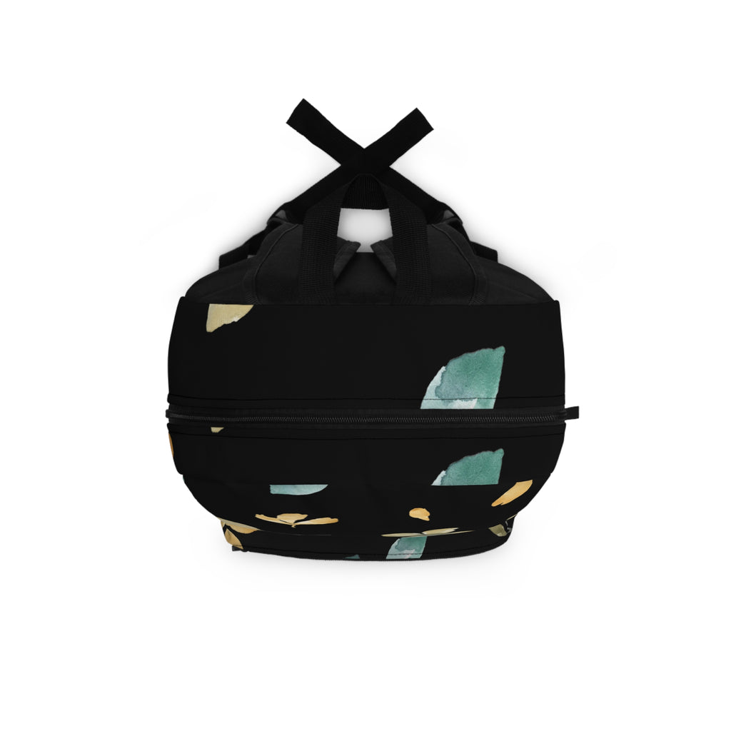 Floral Watercolor Backpack — Black & Gold Leaf Pattern Everyday Bag