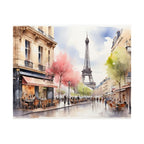 Paris Eiffel Tower & Café Watercolor Satin Poster — Romantic Street Scene Art Print