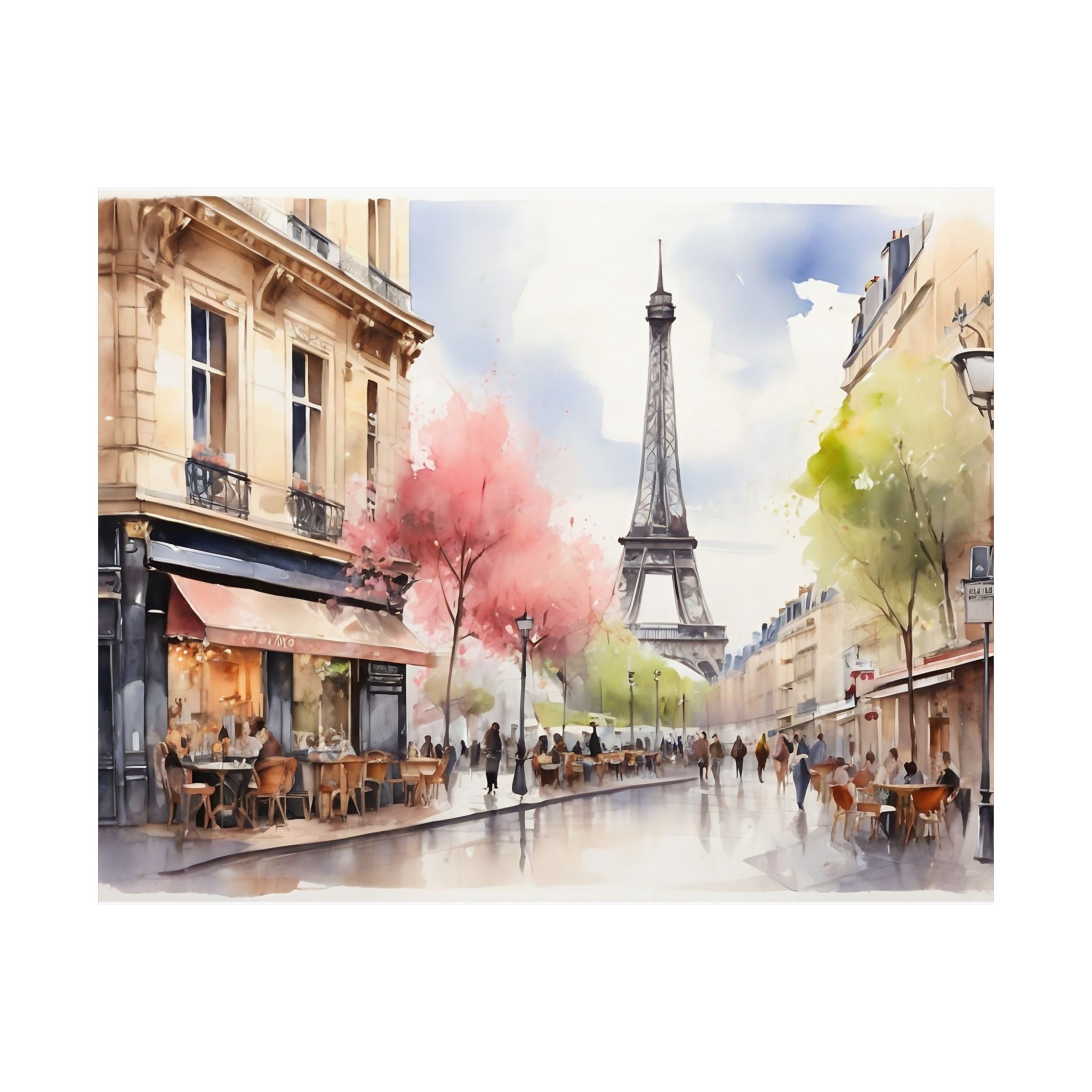 Paris Eiffel Tower & Café Watercolor Satin Poster — Romantic Street Scene Art Print