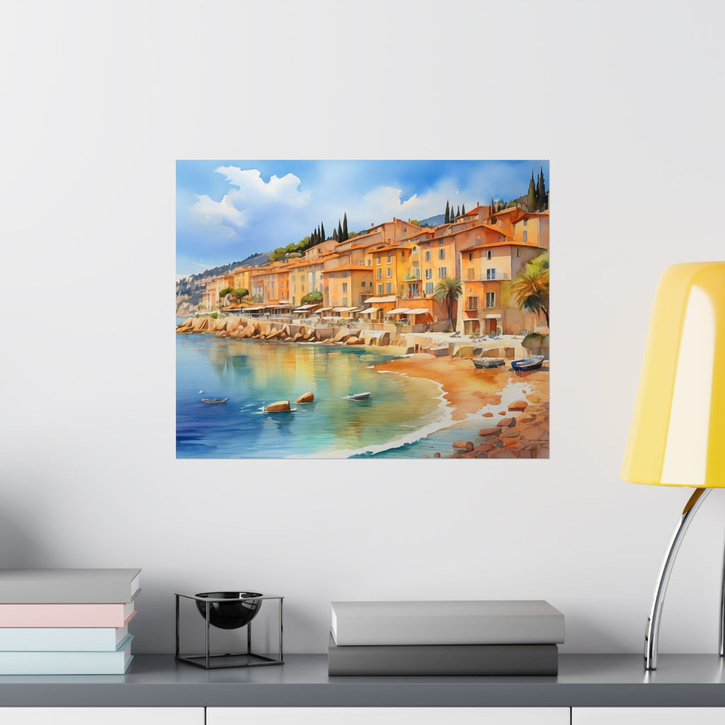 Mediterranean Riviera of Nice Satin Poster — Coastal Beachscape Watercolor Art Print