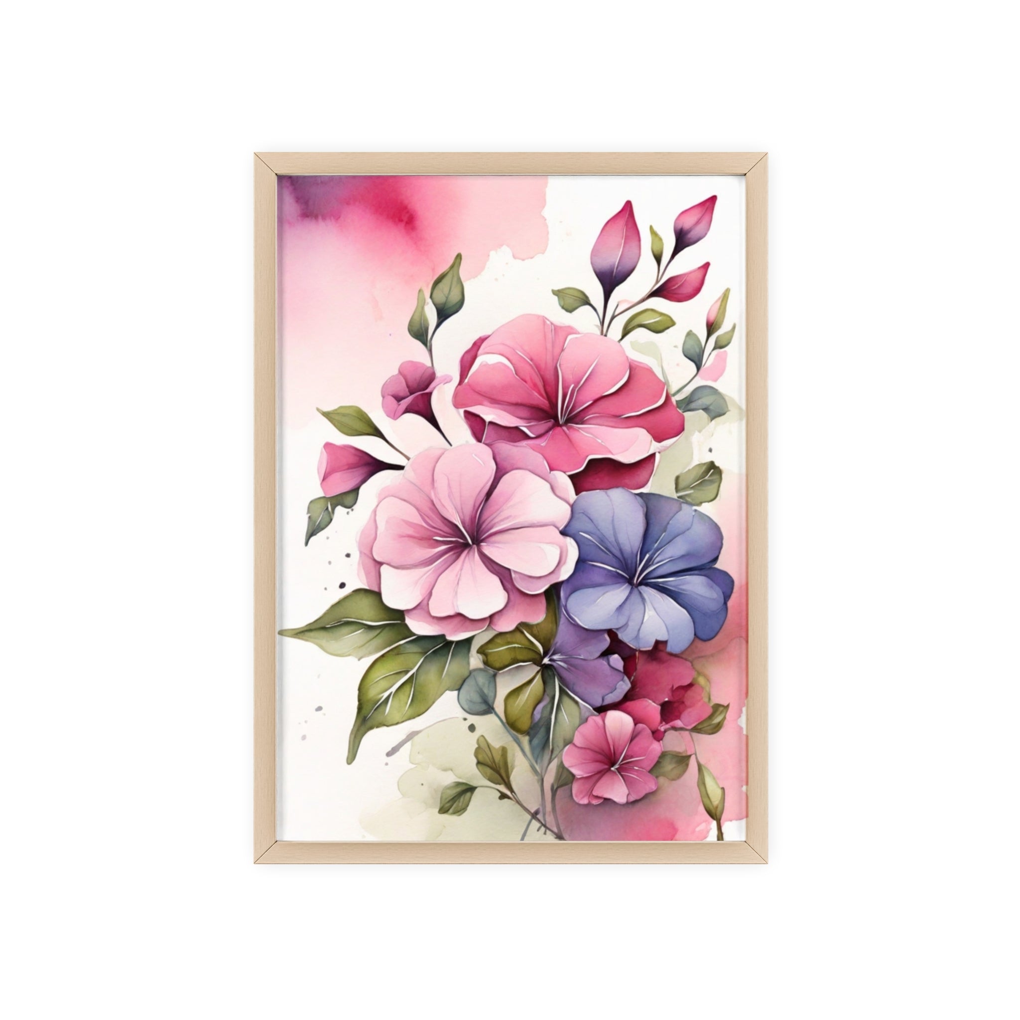 Pink & Purple Petunias — Watercolor Floral Wall Art, Framed Print 8.3" × 11.7"