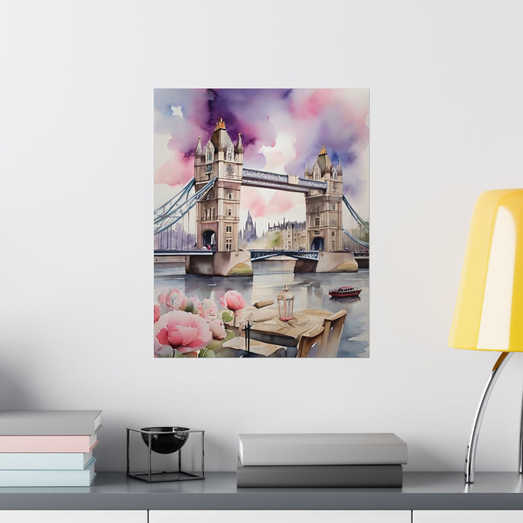 London Tower Bridge Watercolor Satin Poster — Romantic Thames Art Print