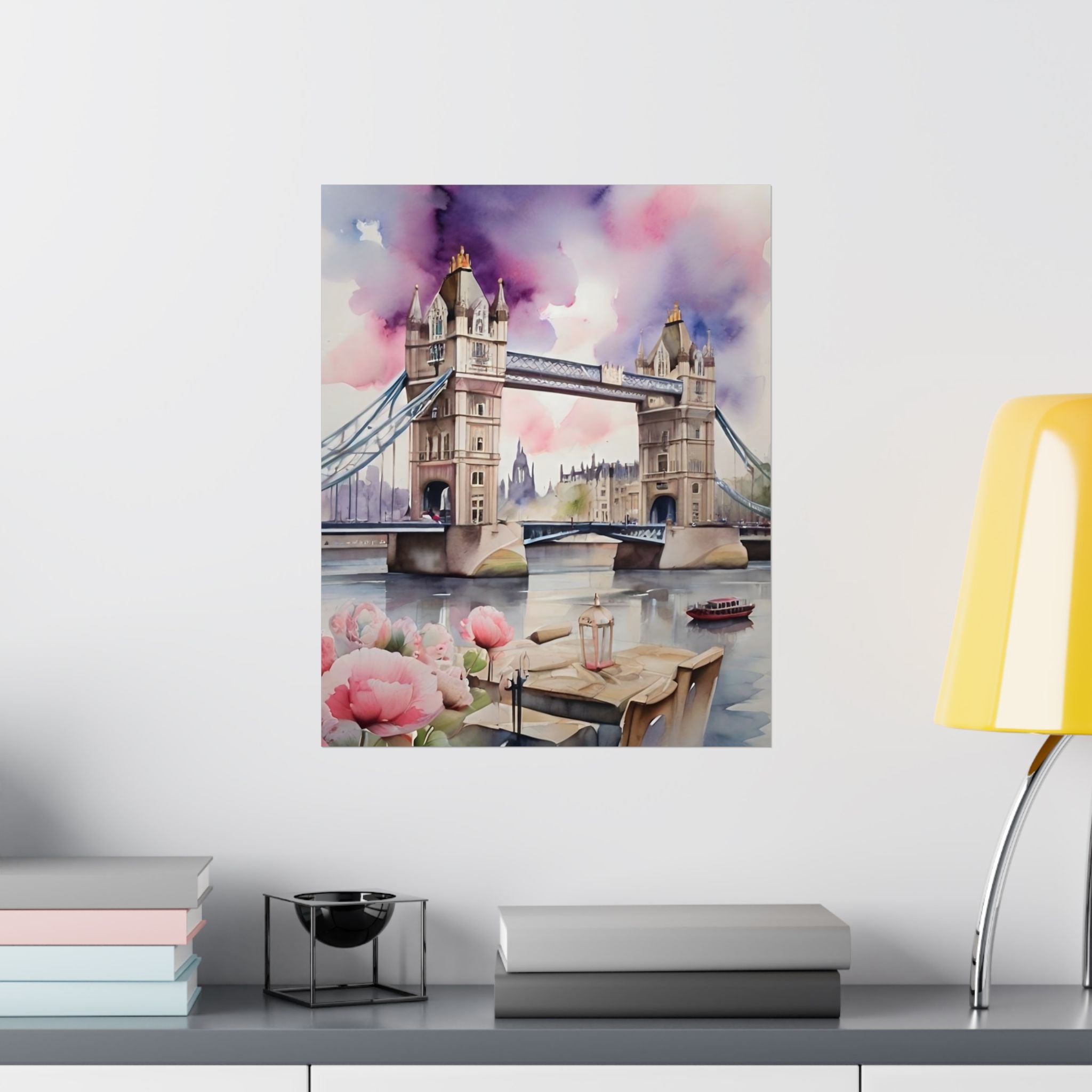 London Tower Bridge Watercolor Satin Poster — Romantic Thames Art Print