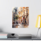 Vienna Street Watercolor Satin Poster — Romantic Cityscape Art Print