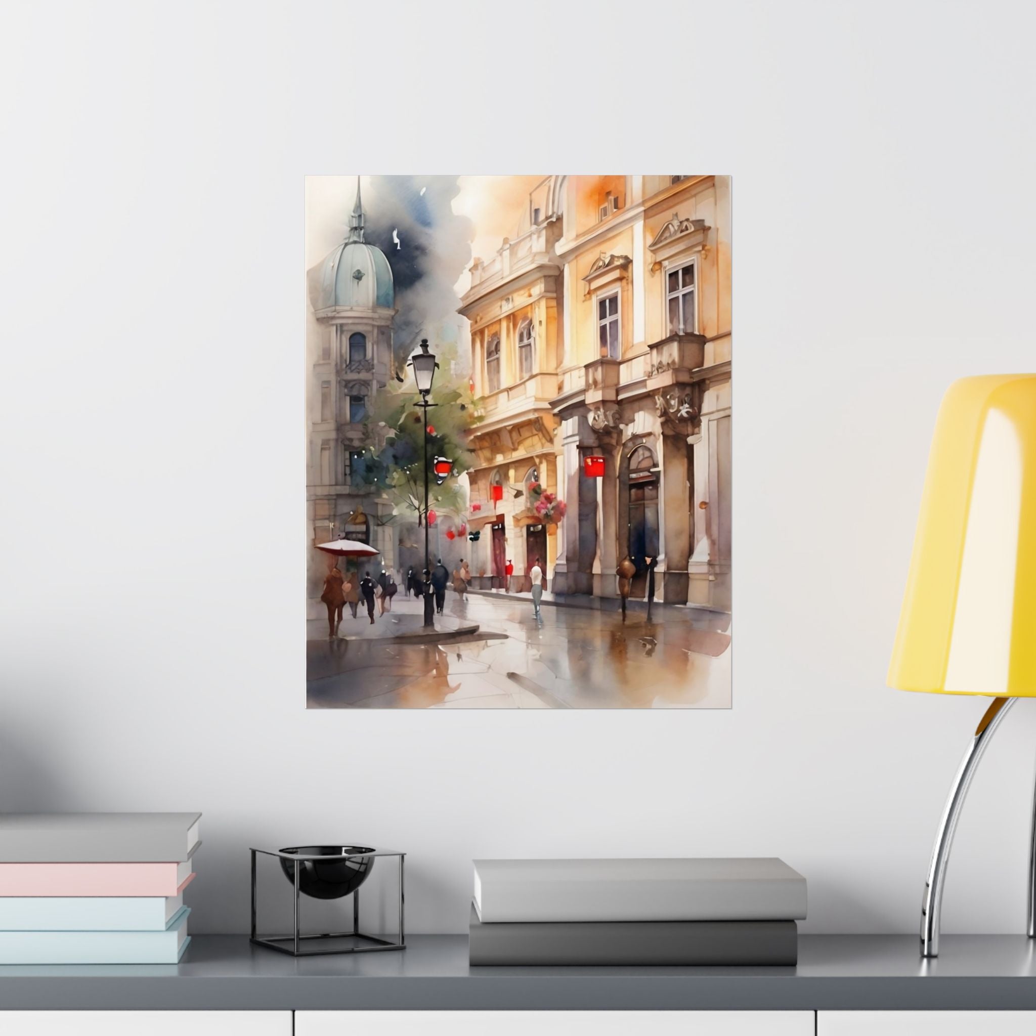 Vienna Street Watercolor Satin Poster — Romantic Cityscape Art Print