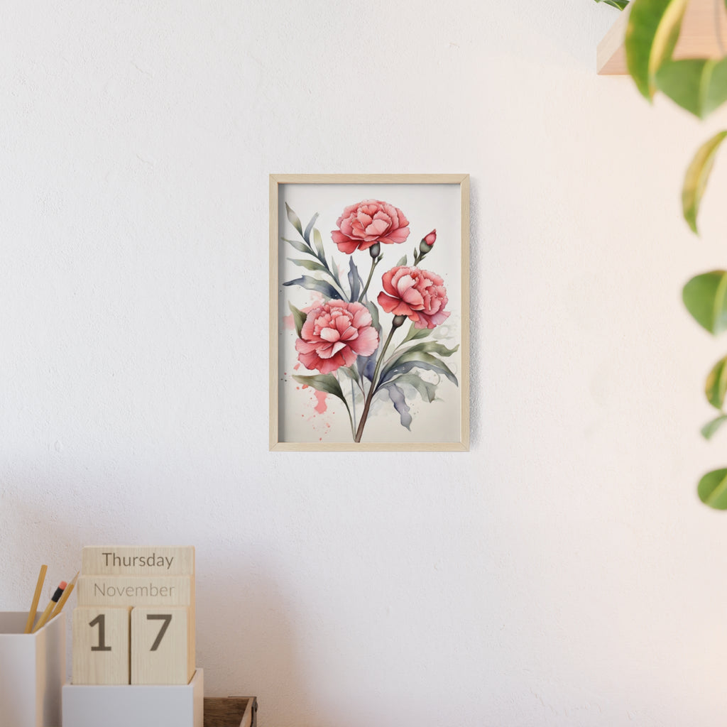 Deep Pink Carnations — Watercolor Floral Wall Art, Framed Print 8.3" × 11.7"