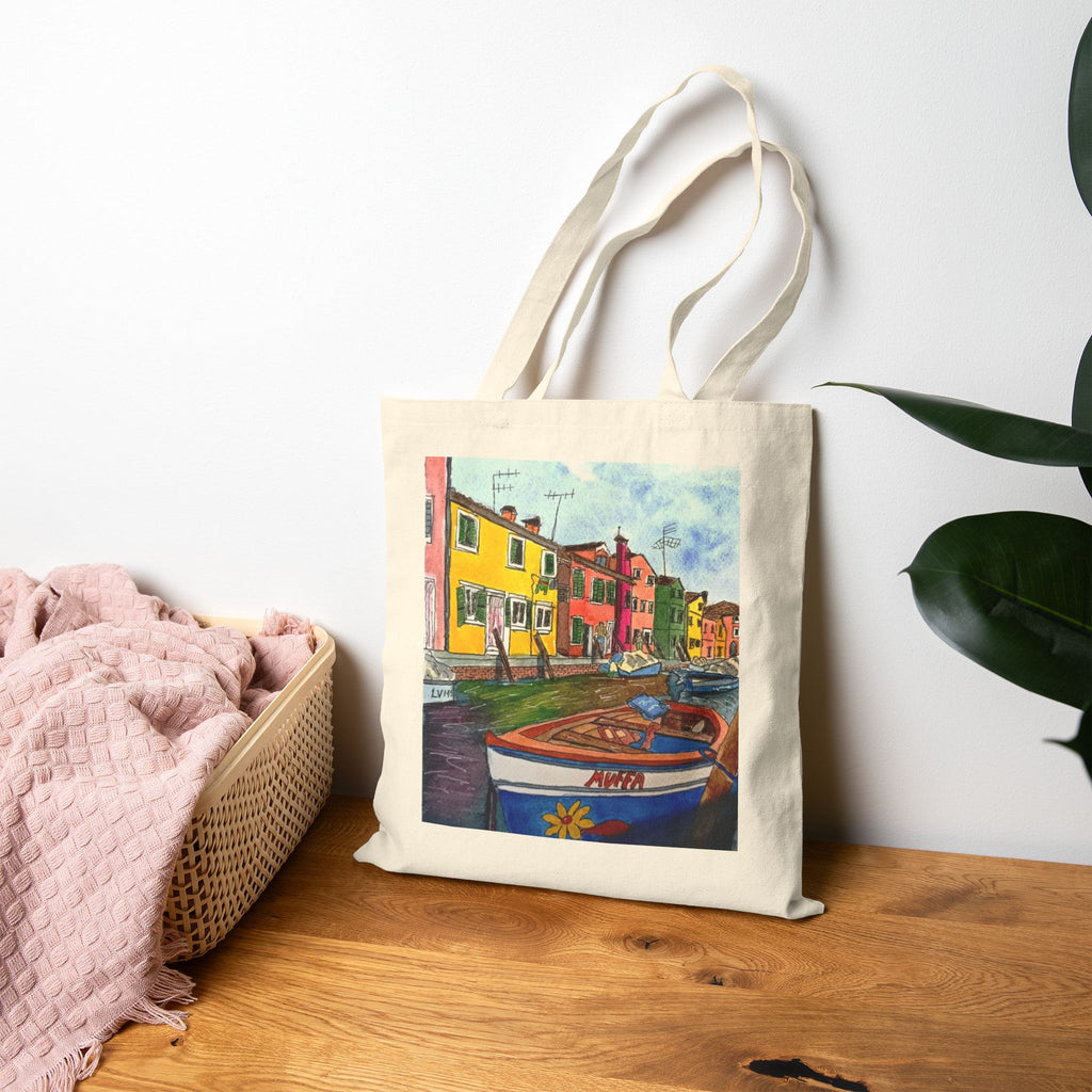 Burano Canal Boat Canvas Tote — Original Watercolor Art
