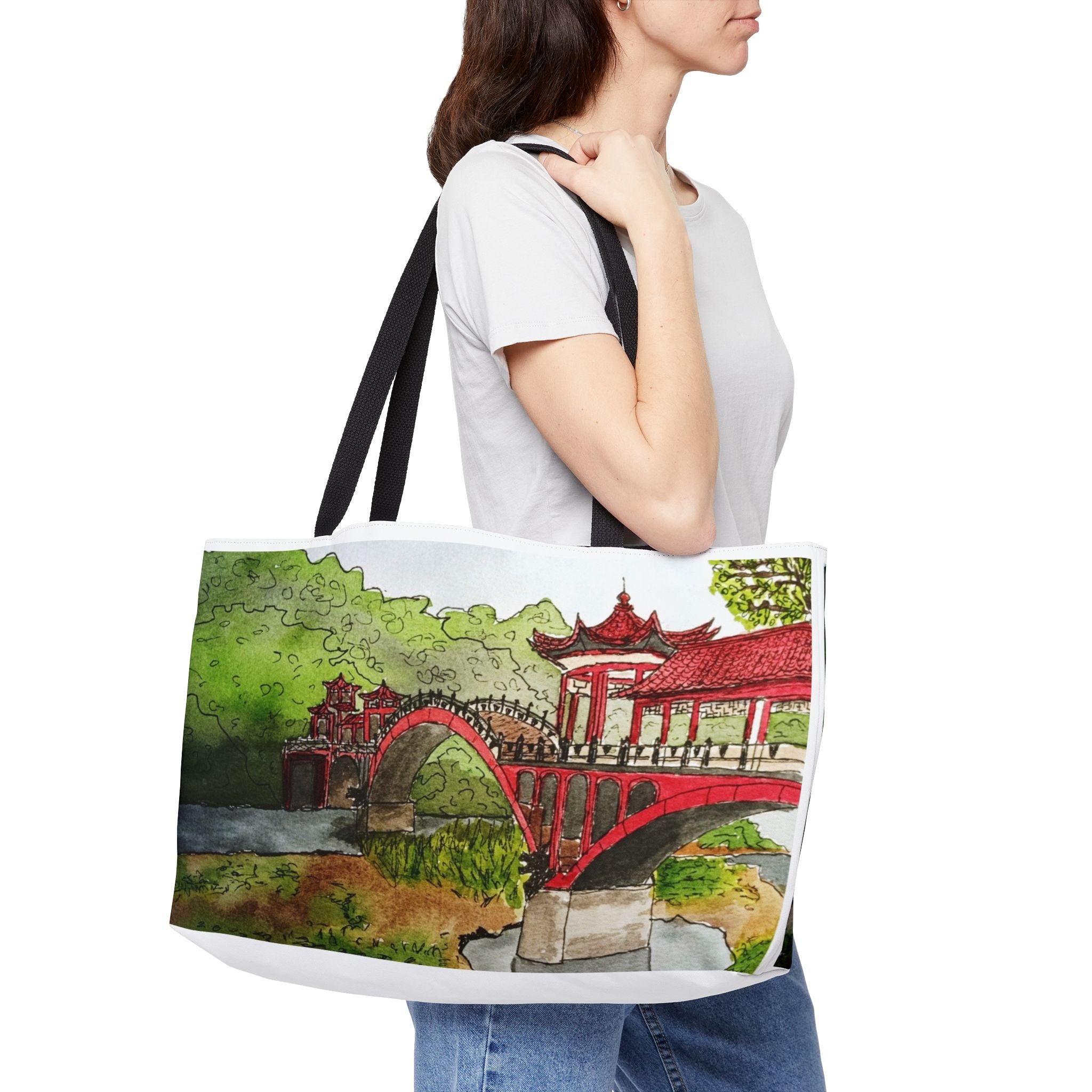Red Pagoda Bridge Weekender Tote — Original Watercolor Art