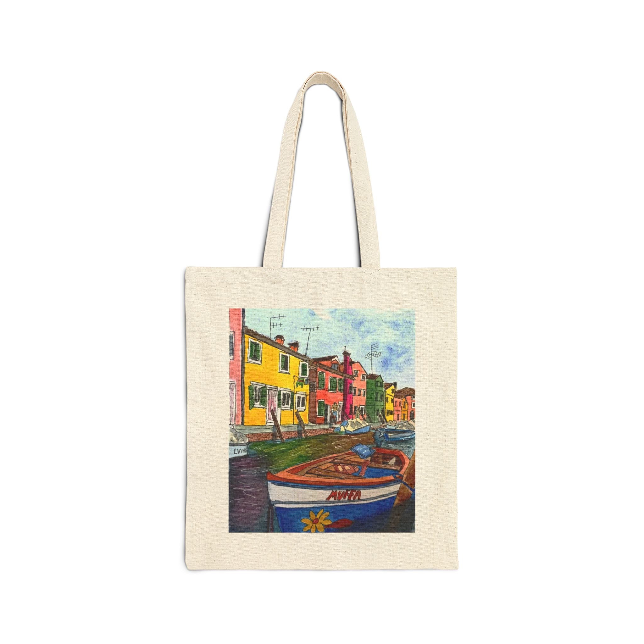 Burano Canal Boat Canvas Tote — Original Watercolor Art