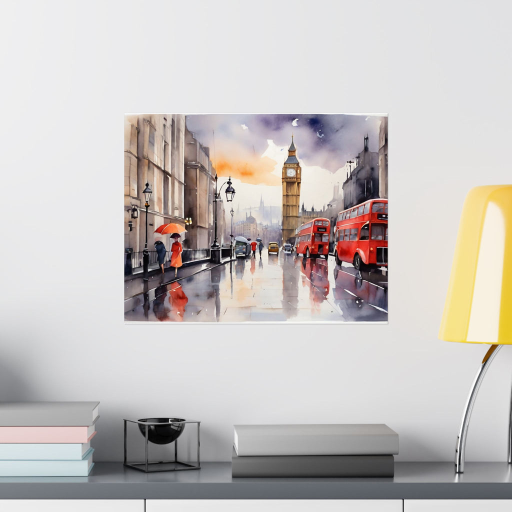 London Big Ben Watercolor Satin Poster — Big Ben & Red Bus Street Scene