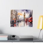 London Big Ben Watercolor Satin Poster — Big Ben & Red Bus Street Scene