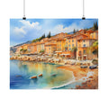 Mediterranean Riviera of Nice Satin Poster — Coastal Beachscape Watercolor Art Print
