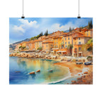 Mediterranean Riviera of Nice Satin Poster — Coastal Beachscape Watercolor Art Print