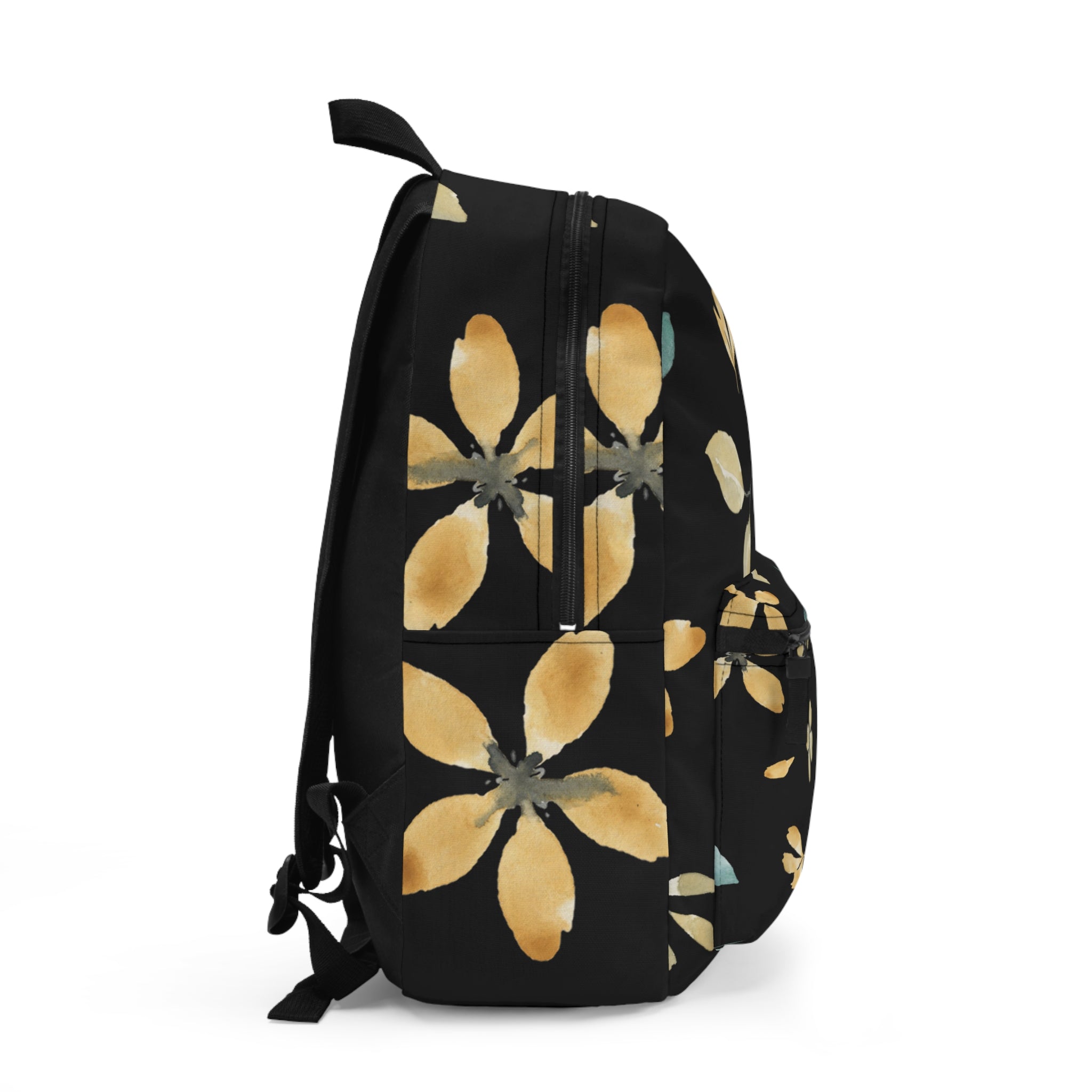 Floral Watercolor Backpack — Black & Gold Leaf Pattern Everyday Bag