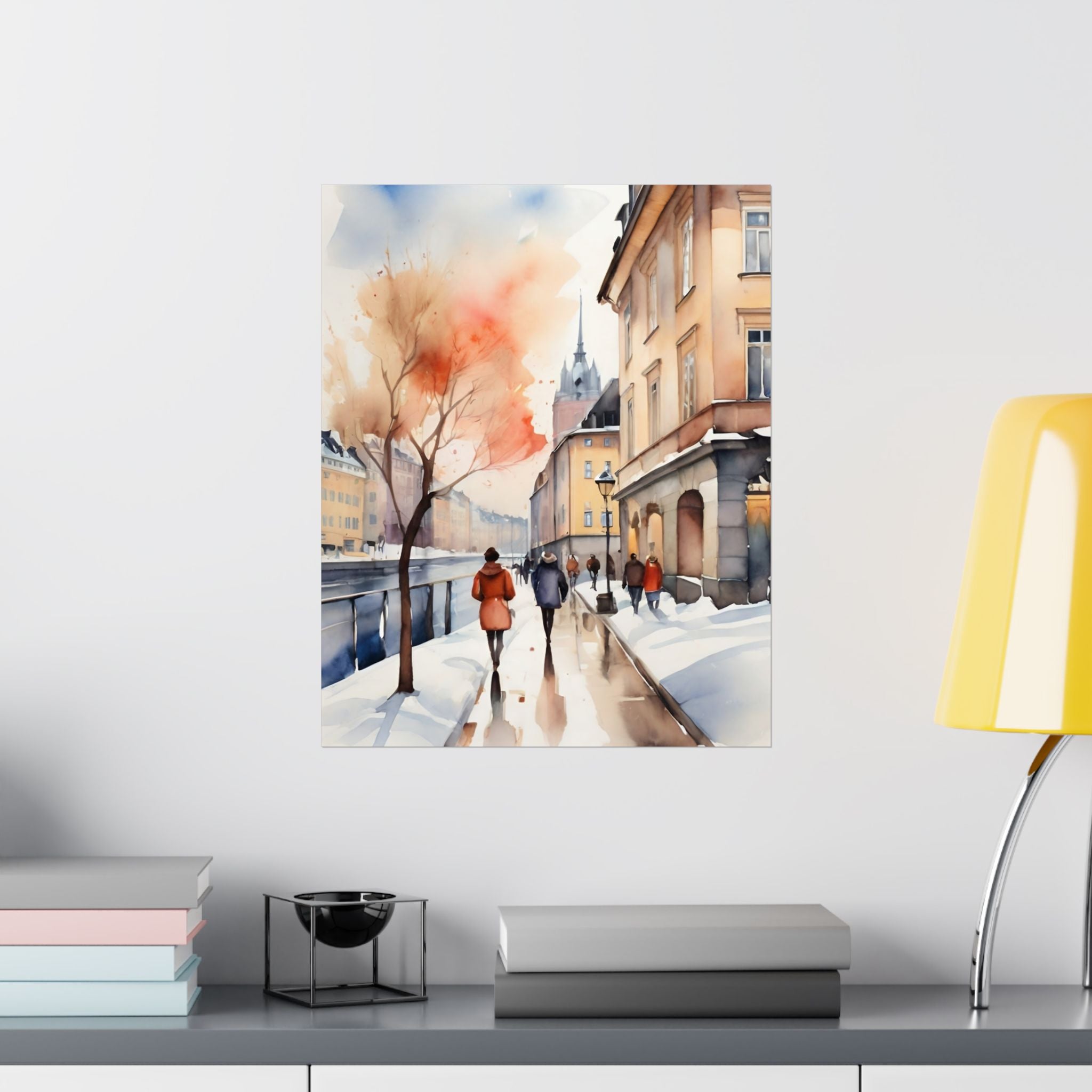 Stockholm Street Snow Walk Watercolor Satin Poster — Scenic Winter Canal Art Print