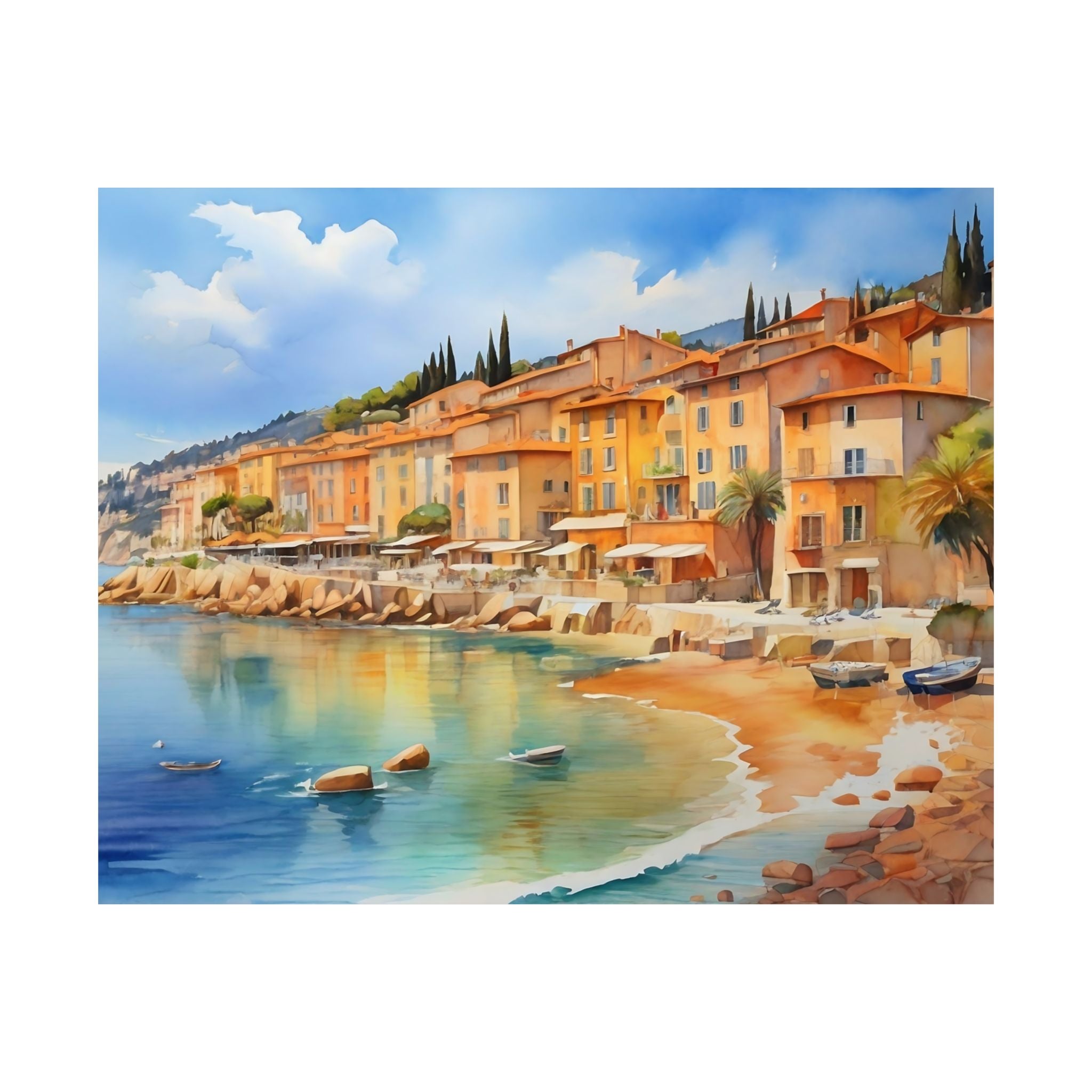 Mediterranean Riviera of Nice Satin Poster — Coastal Beachscape Watercolor Art Print