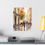 Rainy Day in Rome Satin Poster — Watercolor Umbrella Walk Art Print