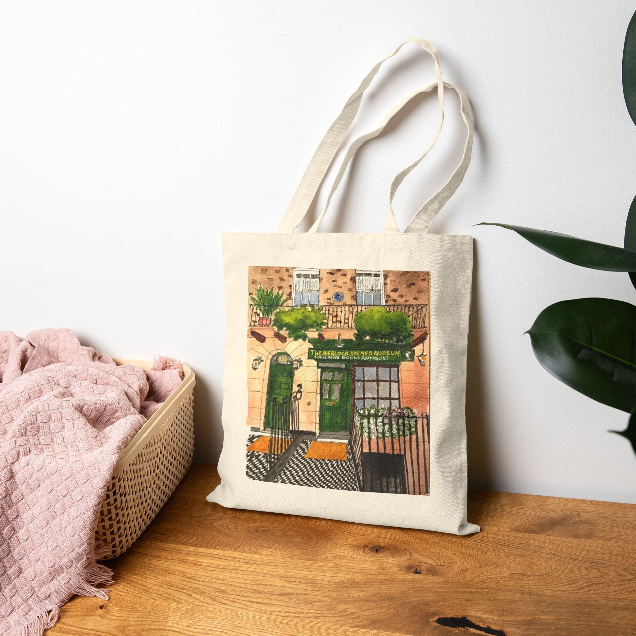 Green Door Street Scene Canvas Tote — Original Watercolor Art