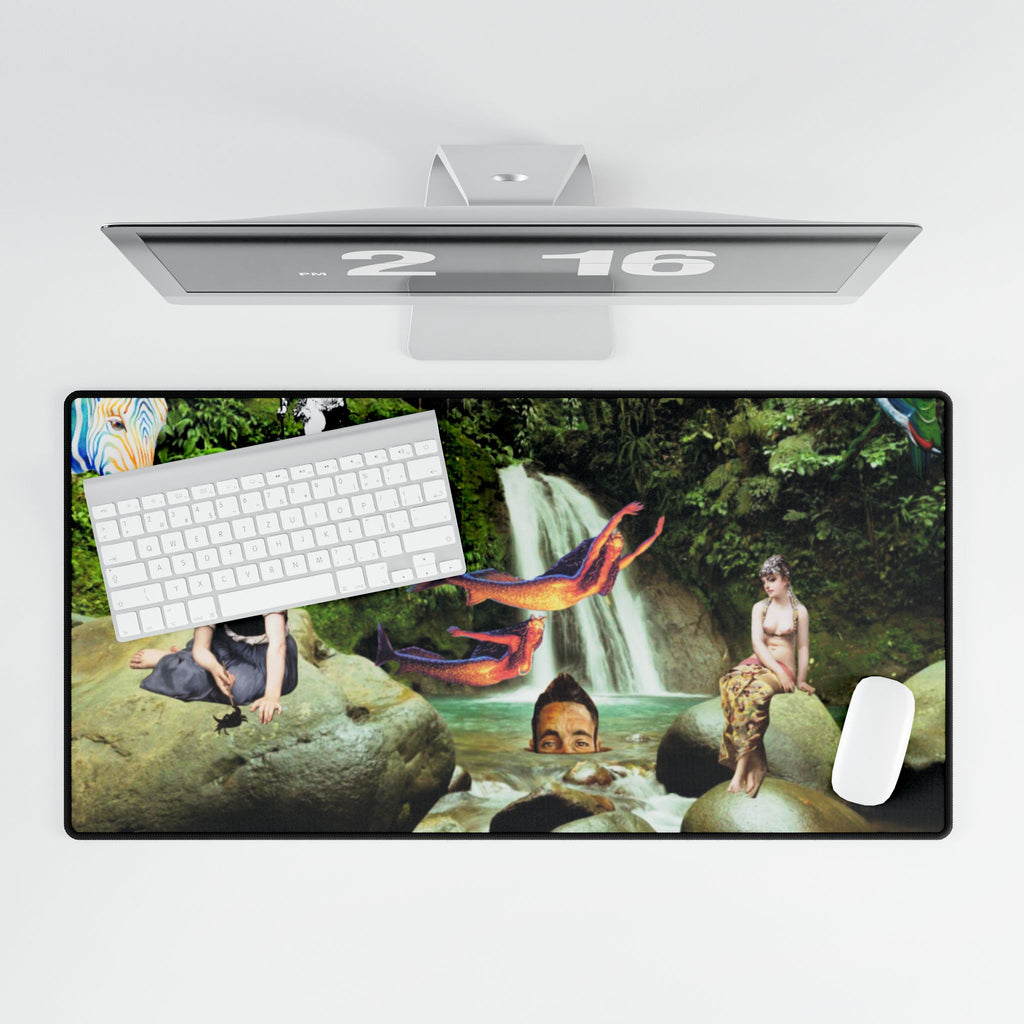 Fantasy Waterfall Desk Mat — Surreal Collage Art with Mermaids & Colorful Fish