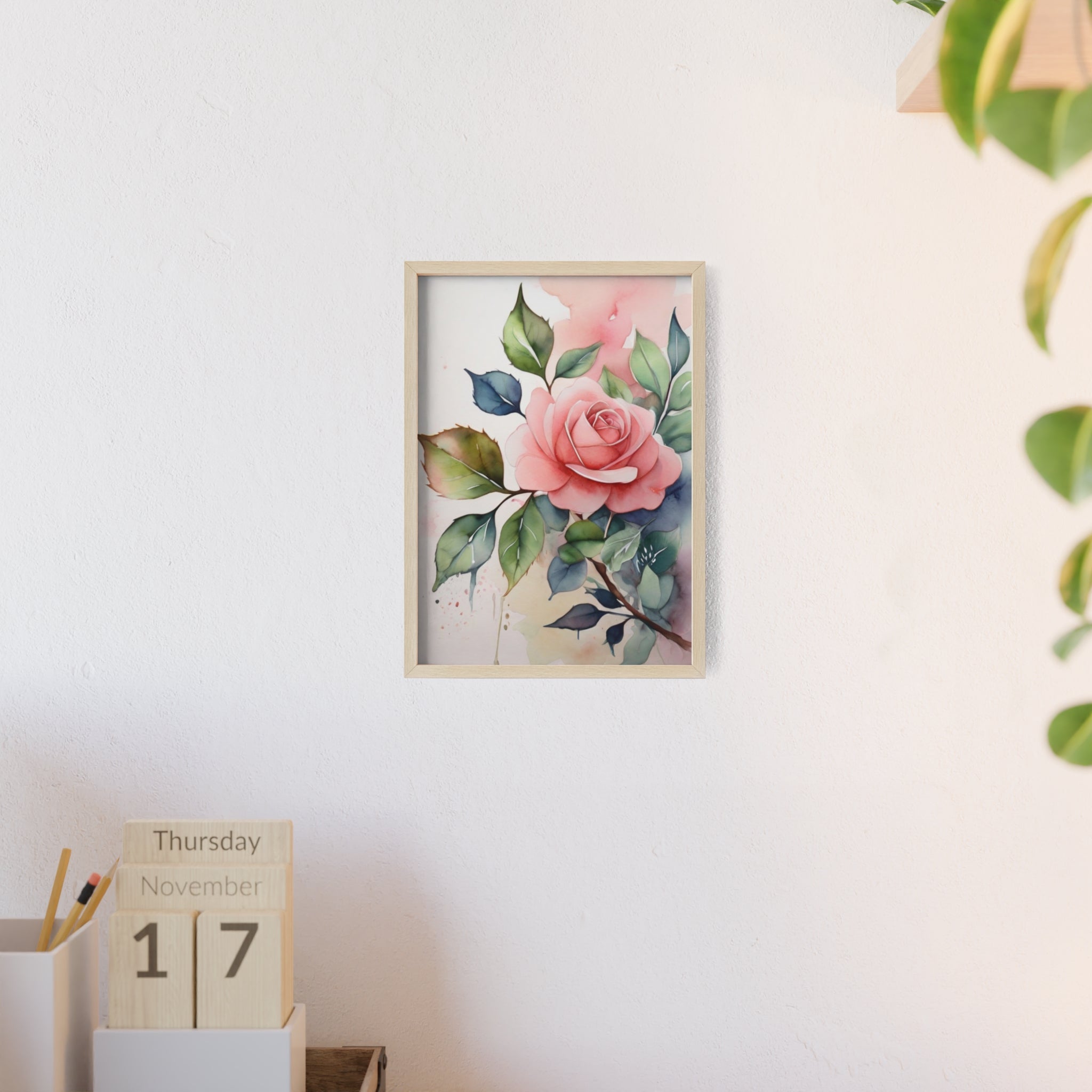Pink Rose — Watercolor Floral Wall Art, Framed Print 8.3" × 11.7"