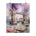 London Tower Bridge Watercolor Satin Poster — Romantic Thames Art Print