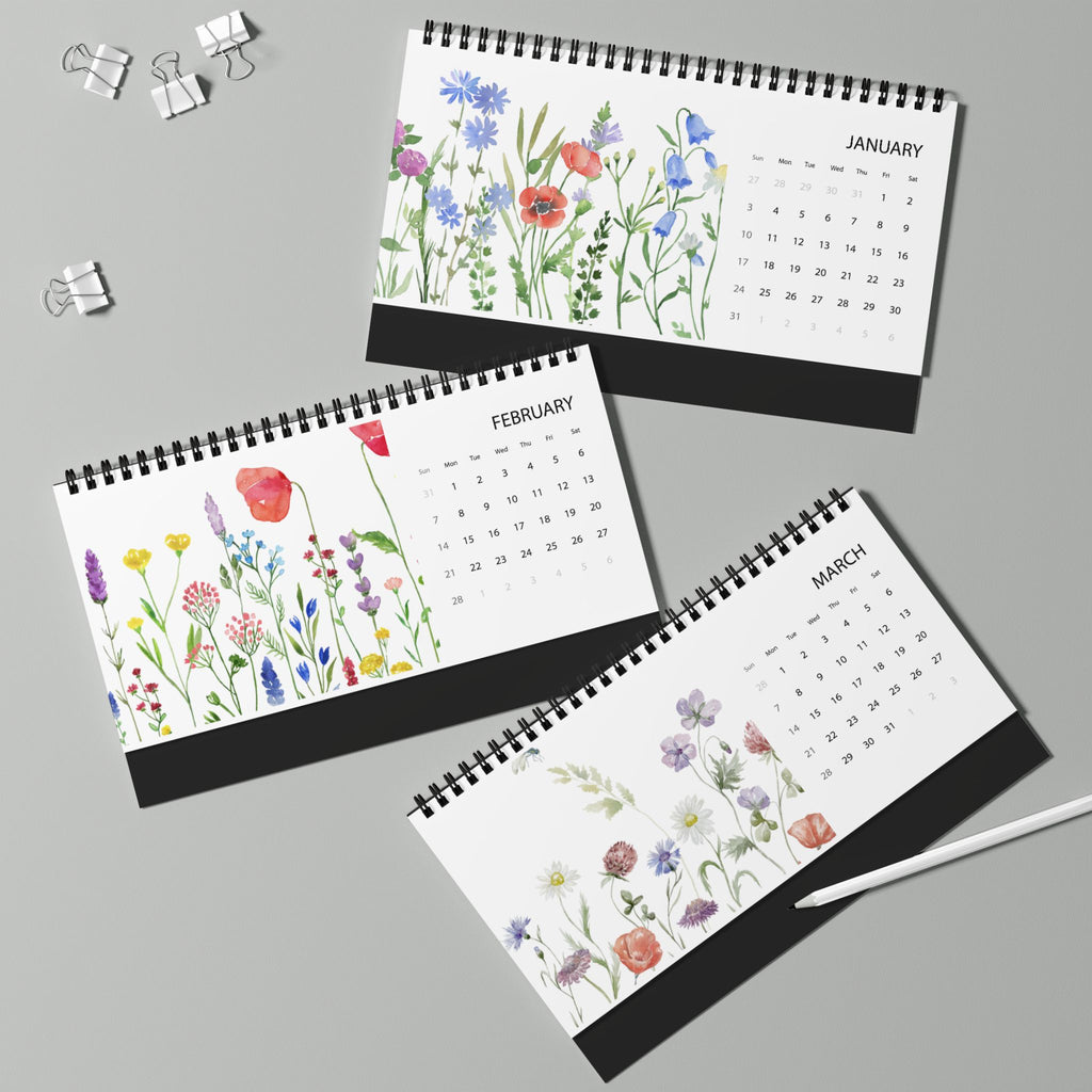 Blossoming in the Field — 2027 Desk Calendar | Original Watercolor Wildflower Design | Monthly Grid | Tent-Style