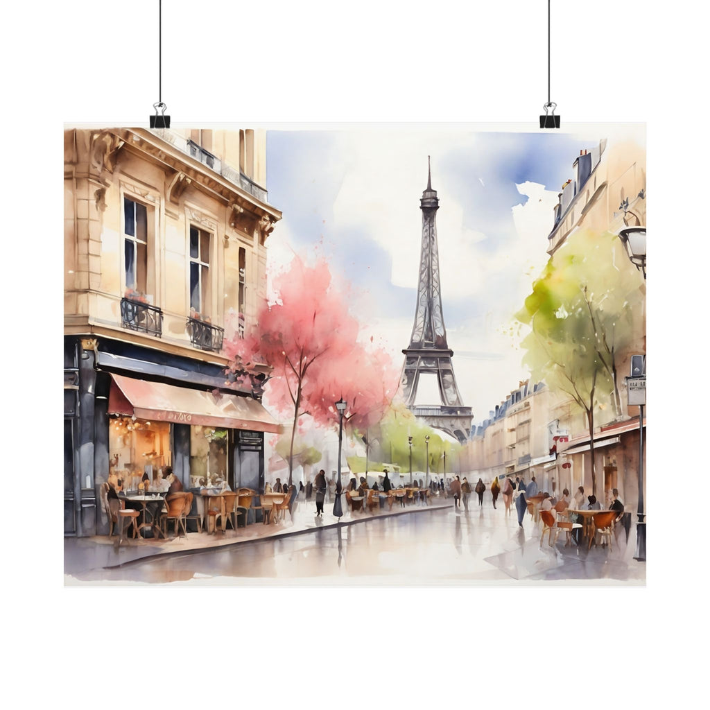 Paris Eiffel Tower & Café Watercolor Satin Poster — Romantic Street Scene Art Print
