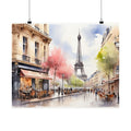 Paris Eiffel Tower & Café Watercolor Satin Poster — Romantic Street Scene Art Print