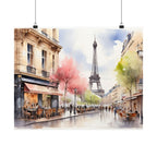 Paris Eiffel Tower & Café Watercolor Satin Poster — Romantic Street Scene Art Print