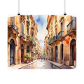 Mediterranean Street Barcelona Watercolor Satin Poster — Sunny European Alleyway Art Print