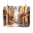 Mediterranean Street Barcelona Watercolor Satin Poster — Sunny European Alleyway Art Print