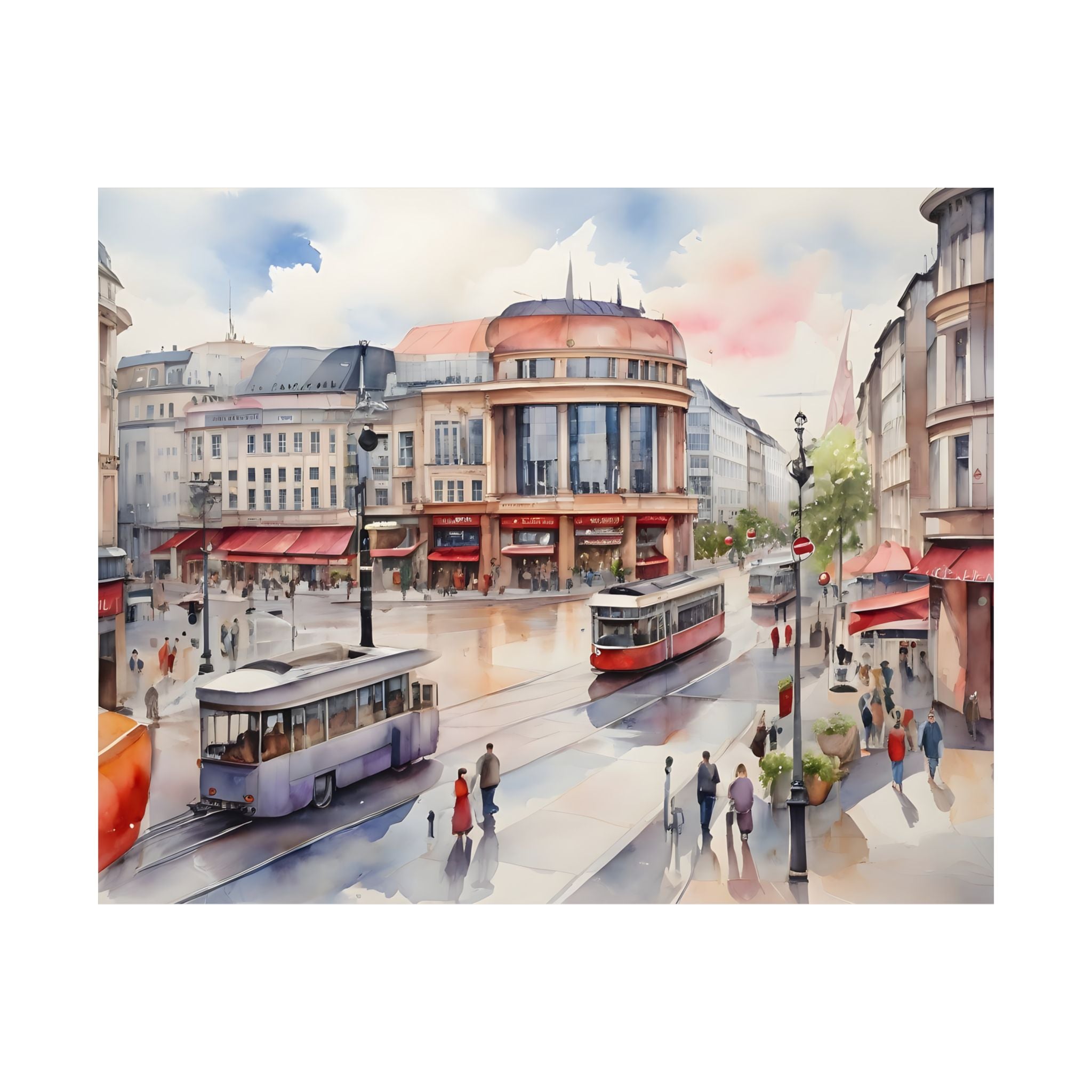 Vintage Alexanderplatz Berlin Watercolor Satin Poster — Nostalgic European Street Art Print