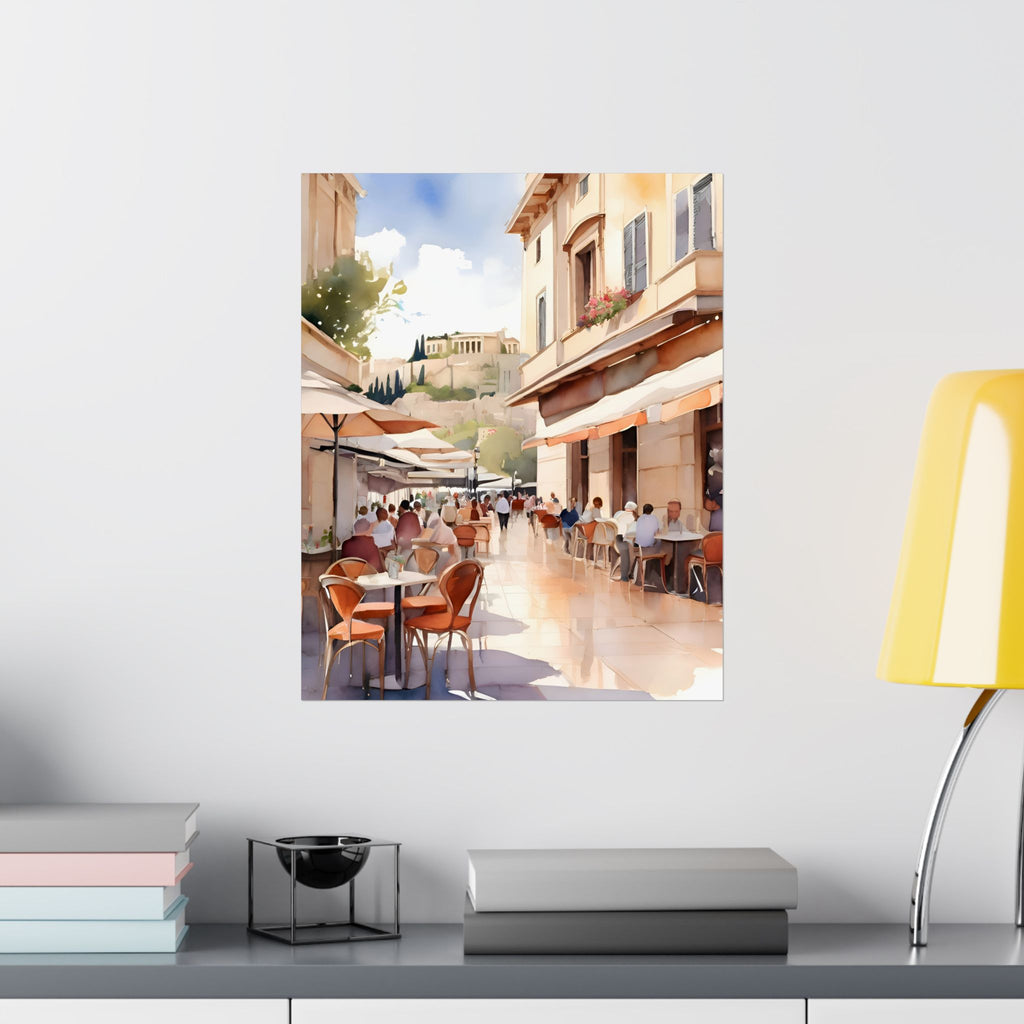 Sunny Athens Plaka Café Street Scene Satin Poster — Watercolor Art Print