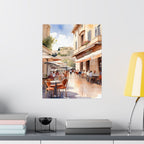 Sunny Athens Plaka Café Street Scene Satin Poster — Watercolor Art Print