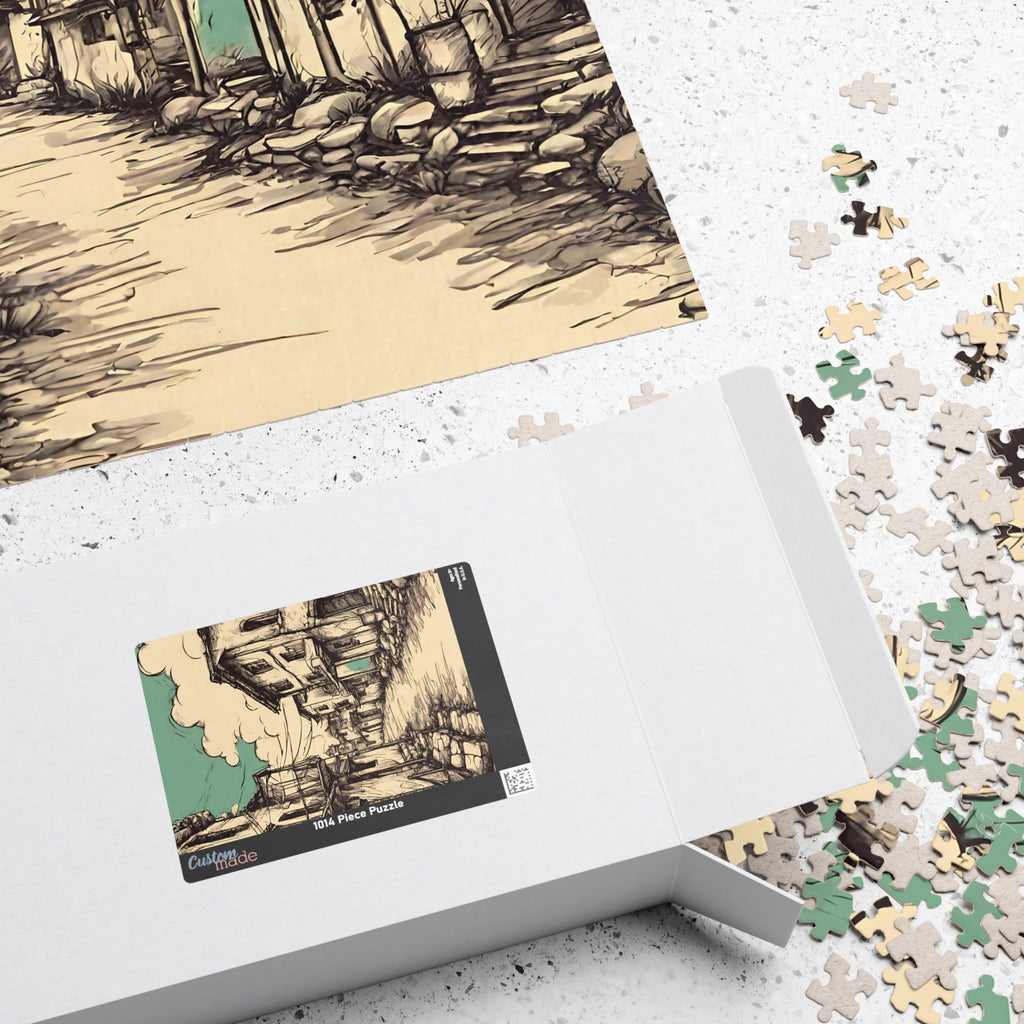 Vintage Old Street Scene Jigsaw Puzzle — Sketch Art Coastal Town, 1014 Pieces