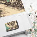 Vintage Old Street Scene Jigsaw Puzzle — Sketch Art Coastal Town, 1014 Pieces