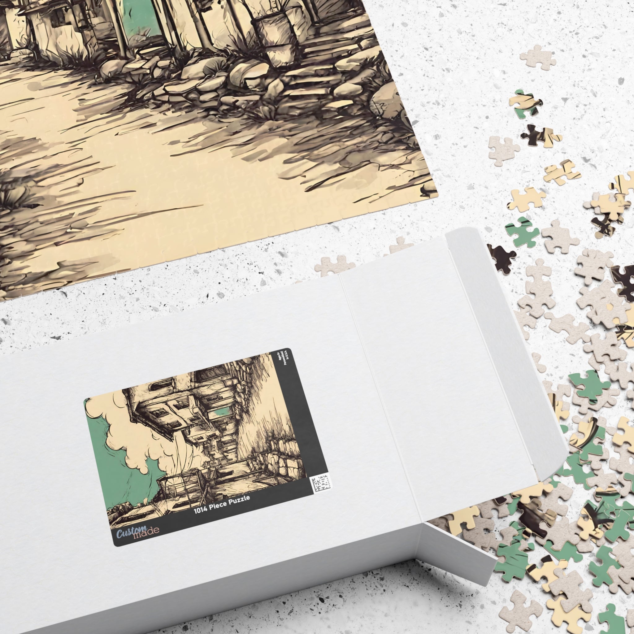 Vintage Old Street Scene Jigsaw Puzzle — Sketch Art Coastal Town, 1014 Pieces