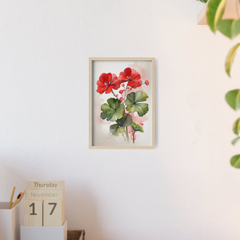 Red Geranium — Watercolor Floral Wall Art, Framed Print 8.3" × 11.7"