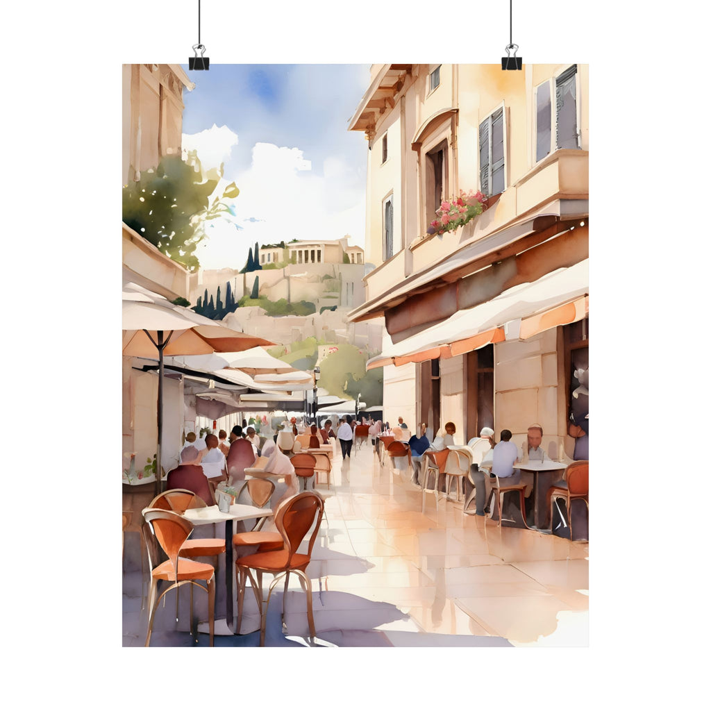Sunny Athens Plaka Café Street Scene Satin Poster — Watercolor Art Print