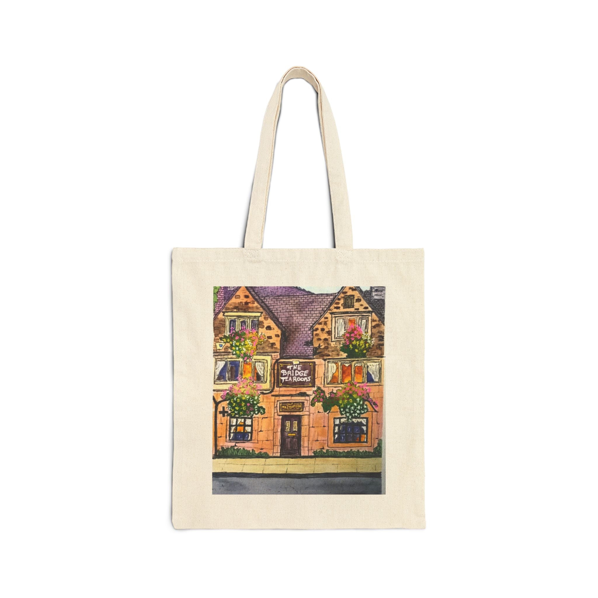 English Tea Room Cottage Canvas Tote — Original Watercolor Art