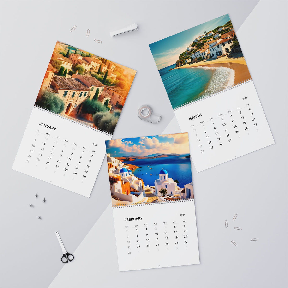 2027 Mediterranean Wall Calendar — Original Scenic Landscape Illustrations | Monthly Grid | Glossy 14”x11.5”