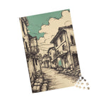 Vintage Old Street Scene Jigsaw Puzzle — Sketch Art Coastal Town, 1014 Pieces