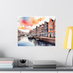 Amsterdam Canal Watercolor Satin Poster — Scenic Cityscape with Moored Boats