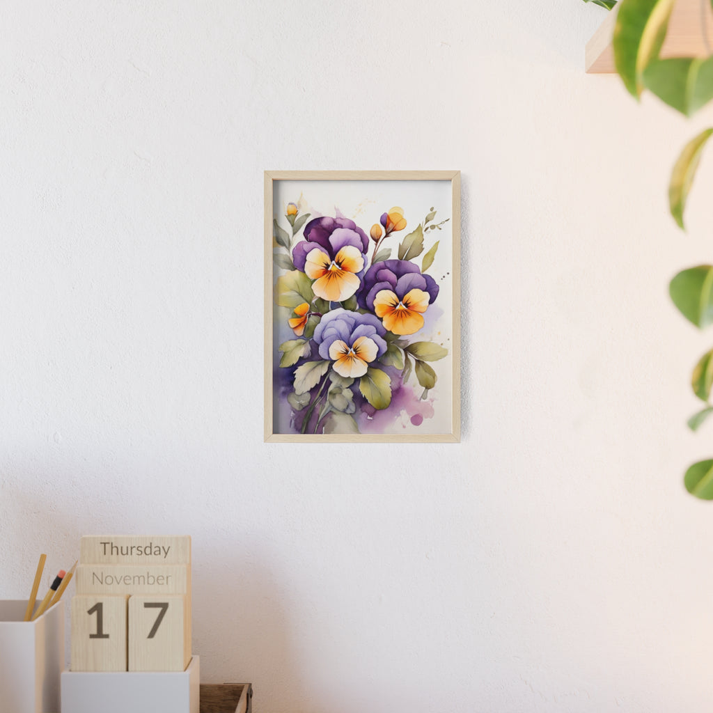 Pansies in Purple & Gold — Watercolor Botanical Wall Art, Framed Print 8.3" × 11.7"