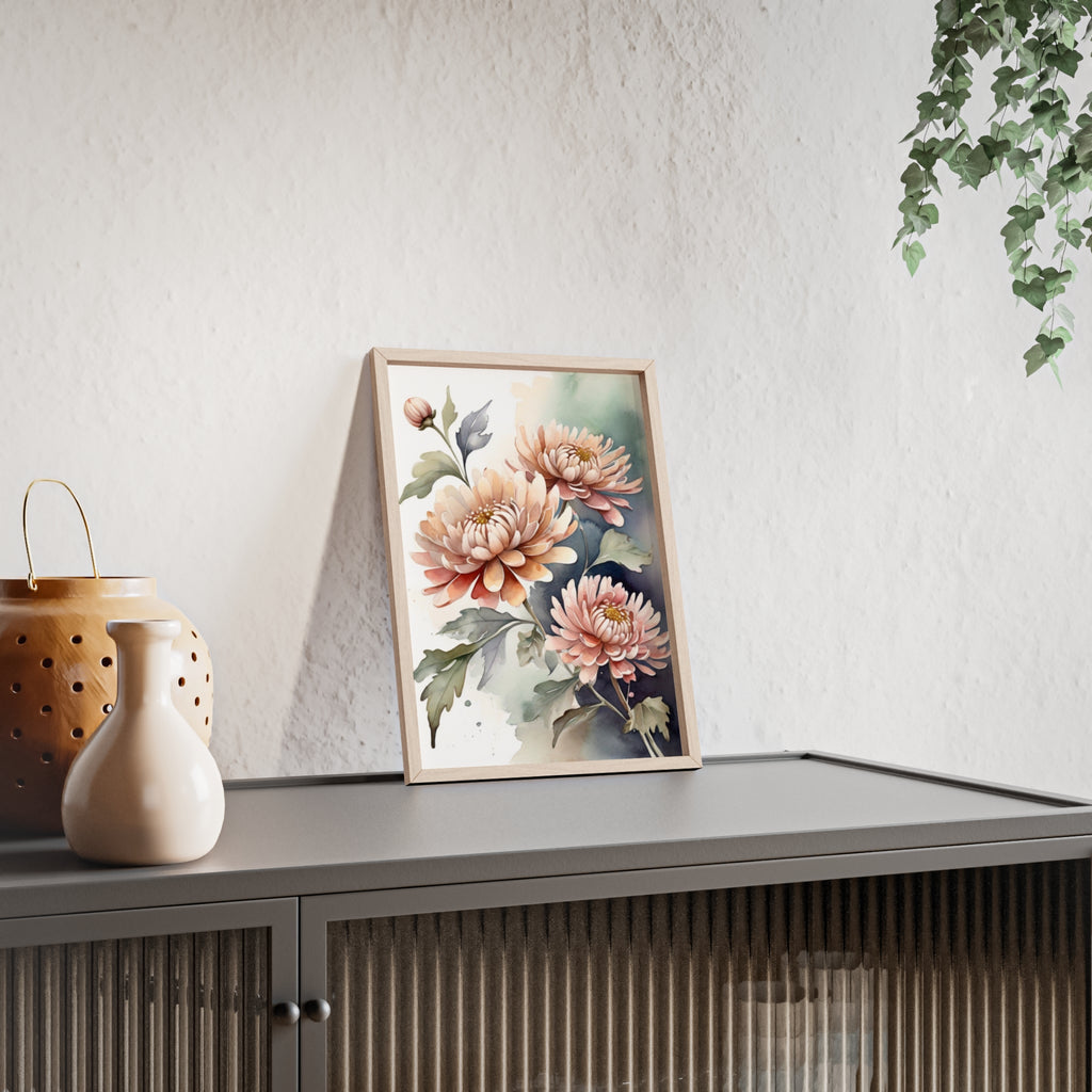 Peach Chrysanthemum — Watercolor Floral Wall Art, Framed Print 8.3" × 11.7"