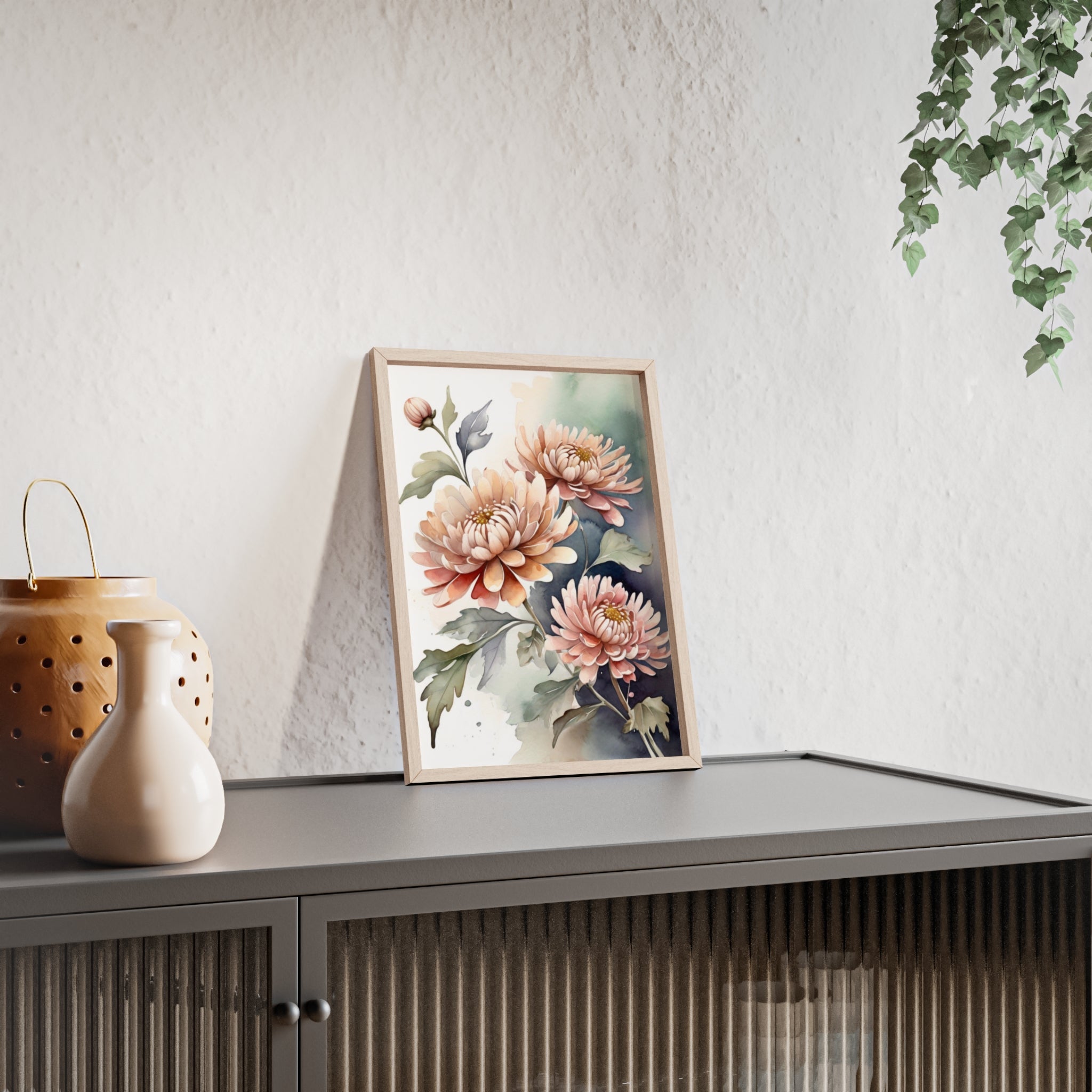 Peach Chrysanthemum — Watercolor Floral Wall Art, Framed Print 8.3" × 11.7"