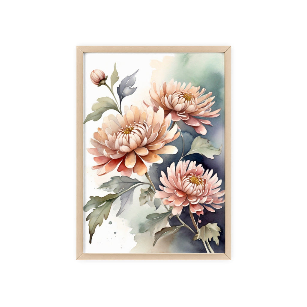 Peach Chrysanthemum — Watercolor Floral Wall Art, Framed Print 8.3" × 11.7"