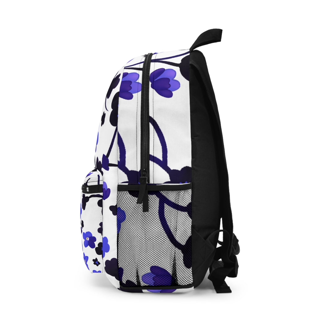 Blue Floral Backpack — Lightweight Purple & Indigo Flower Pattern Everyday Bag