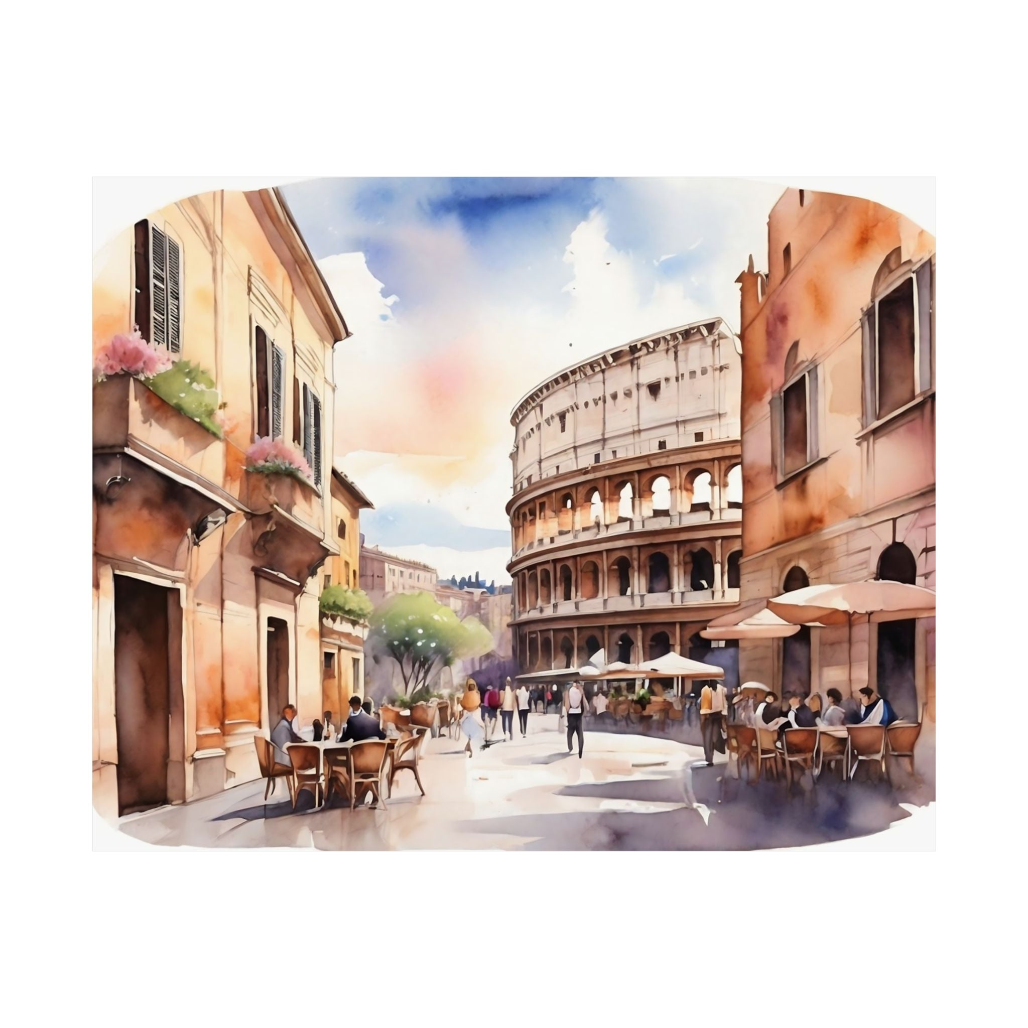 Rome Colosseum Watercolor Satin Poster — Vintage Italian Street & Café Art Print